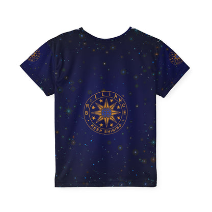 Brilliance Youth Polyester Tee with Starry Night Print and Logo Back Side View 