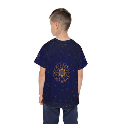 Brilliance Youth Polyester Tee with Starry Night Print and Logo Back Side View with Male Model