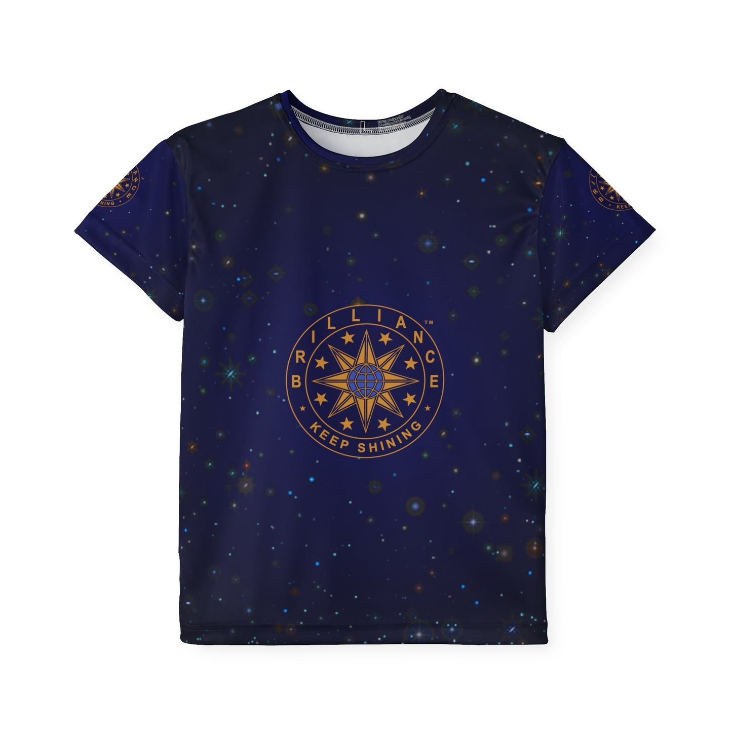 Brilliance Youth Polyester Tee with Starry Night Print and Logo Front Side View 