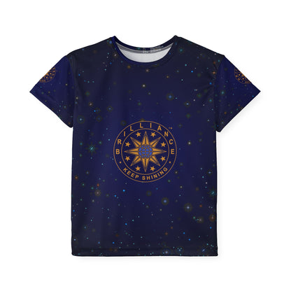 Brilliance Youth Polyester Tee with Starry Night Print and Logo Front Side View 