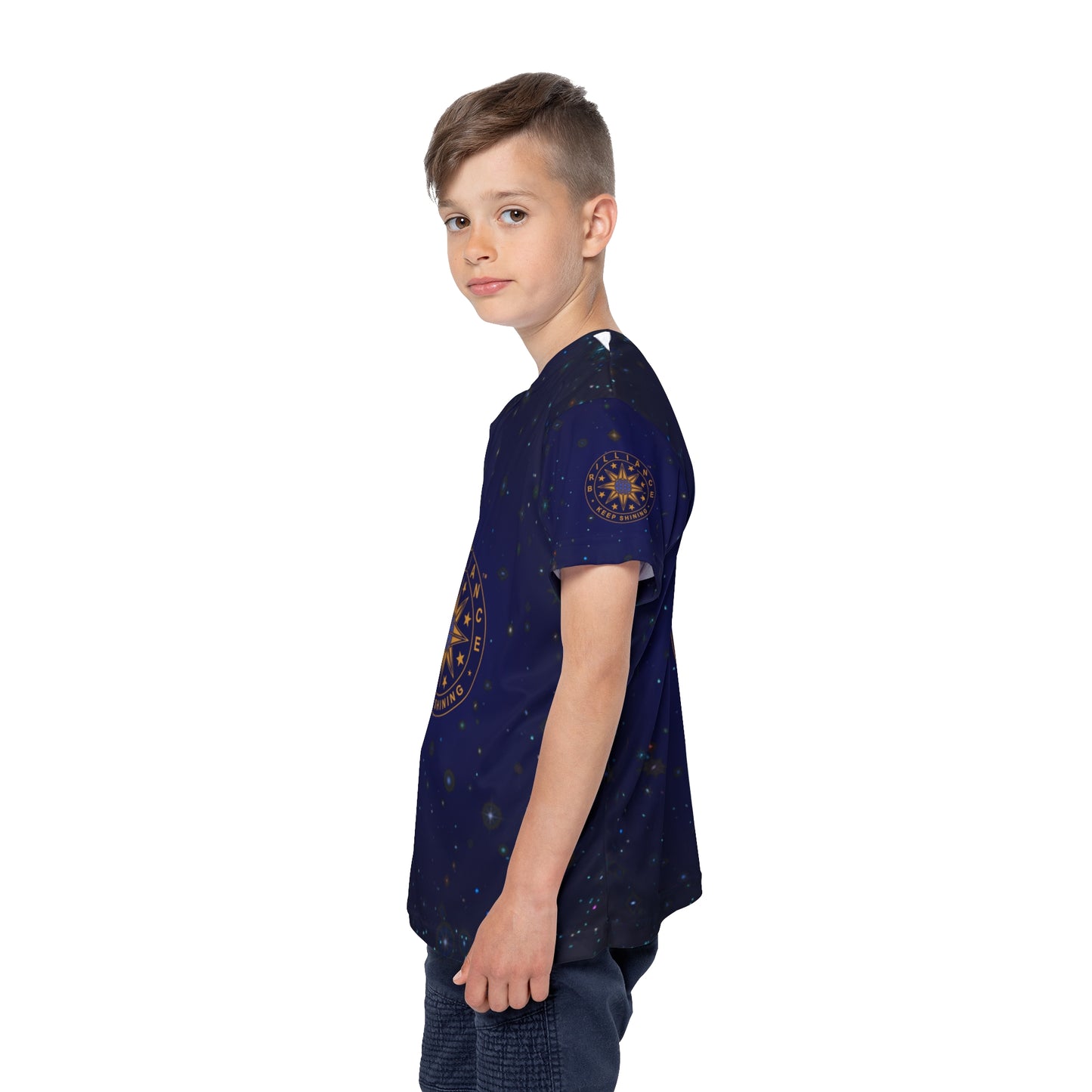 Brilliance Youth Polyester Tee with Starry Night Print and Logo Left Side View with Male Model