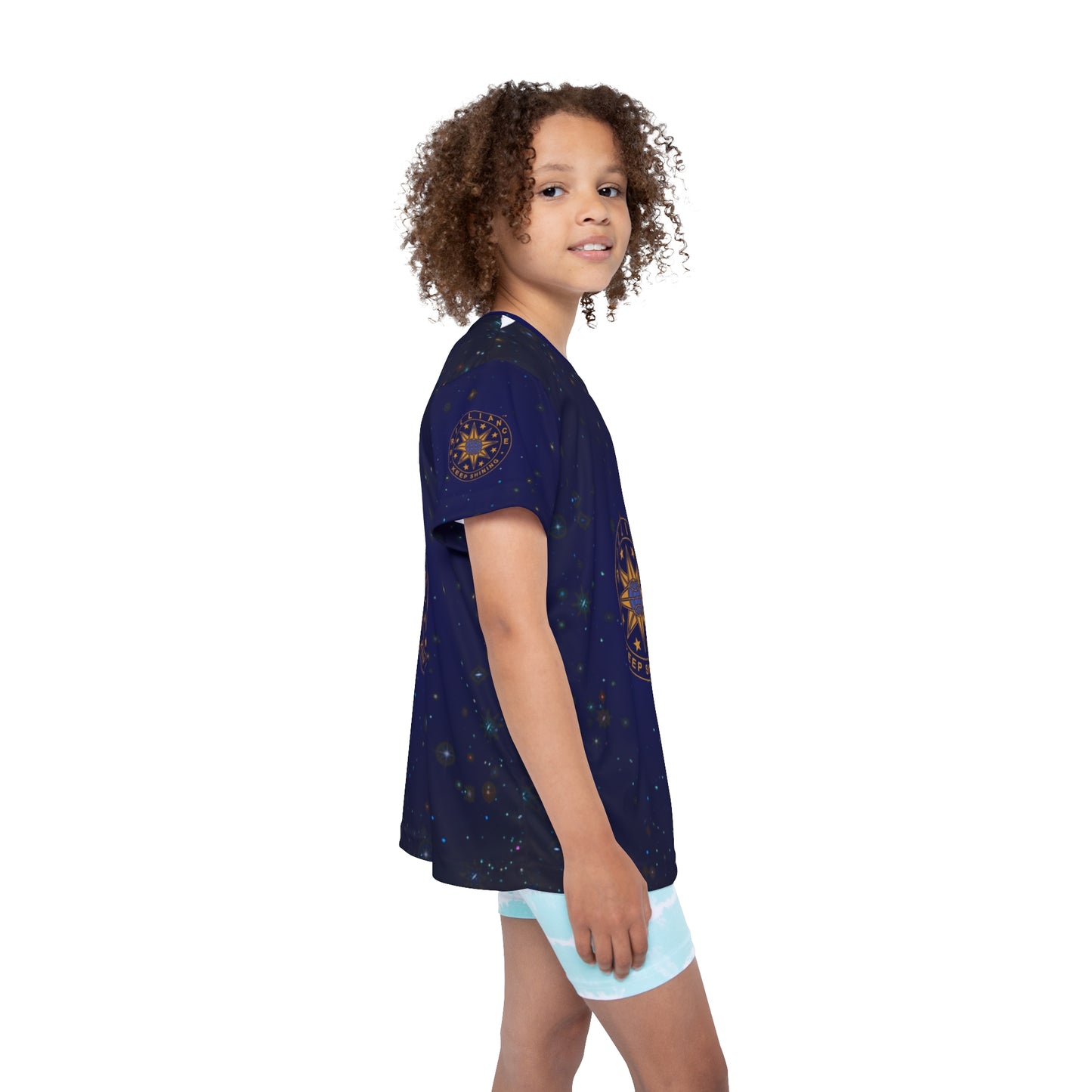 Brilliance Youth Polyester Tee with Starry Night Print and Logo Right Side View with Female Model