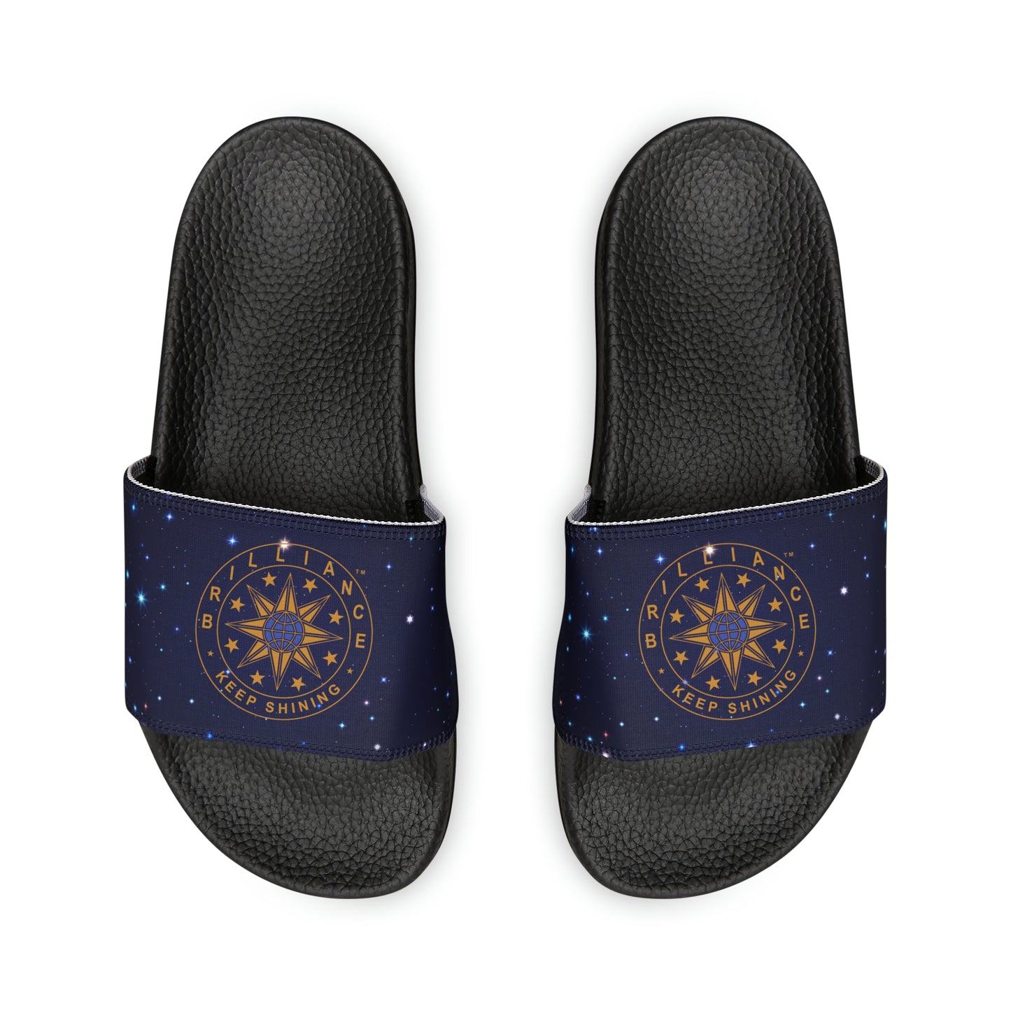 Brilliance Youth Slippers with Starry Night Print and Logo on Strap Black Soles Other Top View