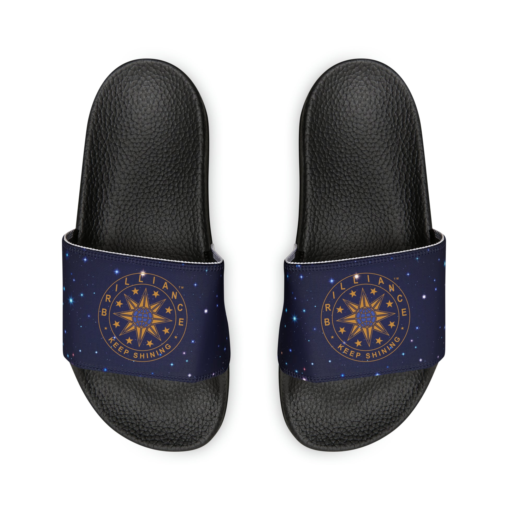 Brilliance Youth Slippers with Starry Night Print and Logo on Strap Black Soles Other Top View