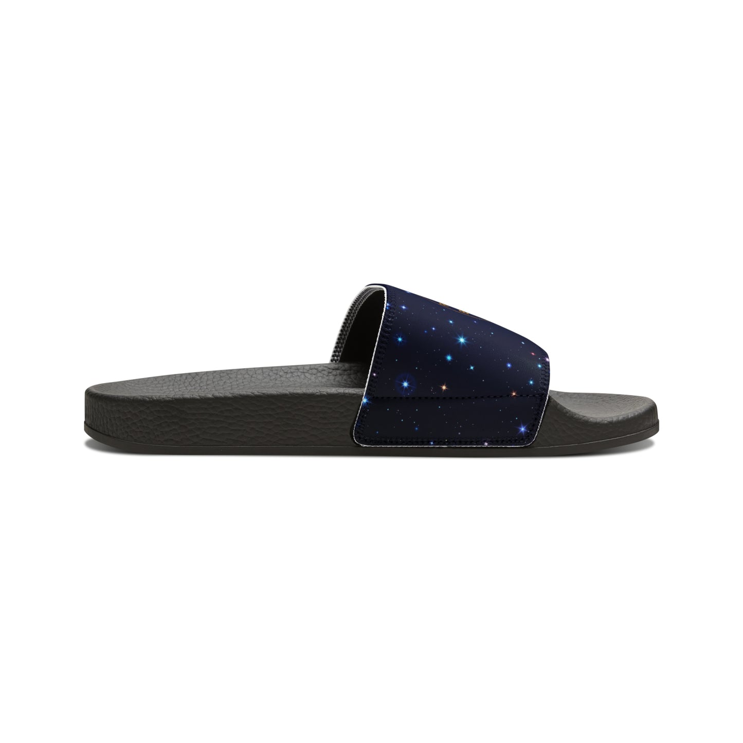 Brilliance Youth Slippers with Starry Night Print and Logo on Strap Black Soles Side View