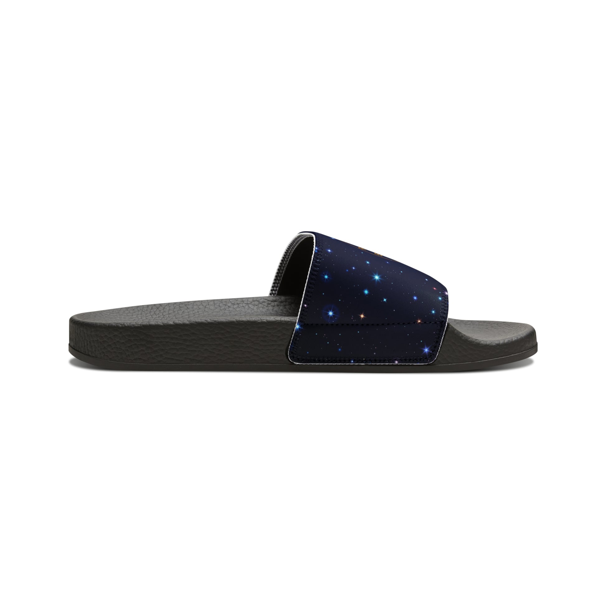 Brilliance Youth Slippers with Starry Night Print and Logo on Strap Black Soles Side View
