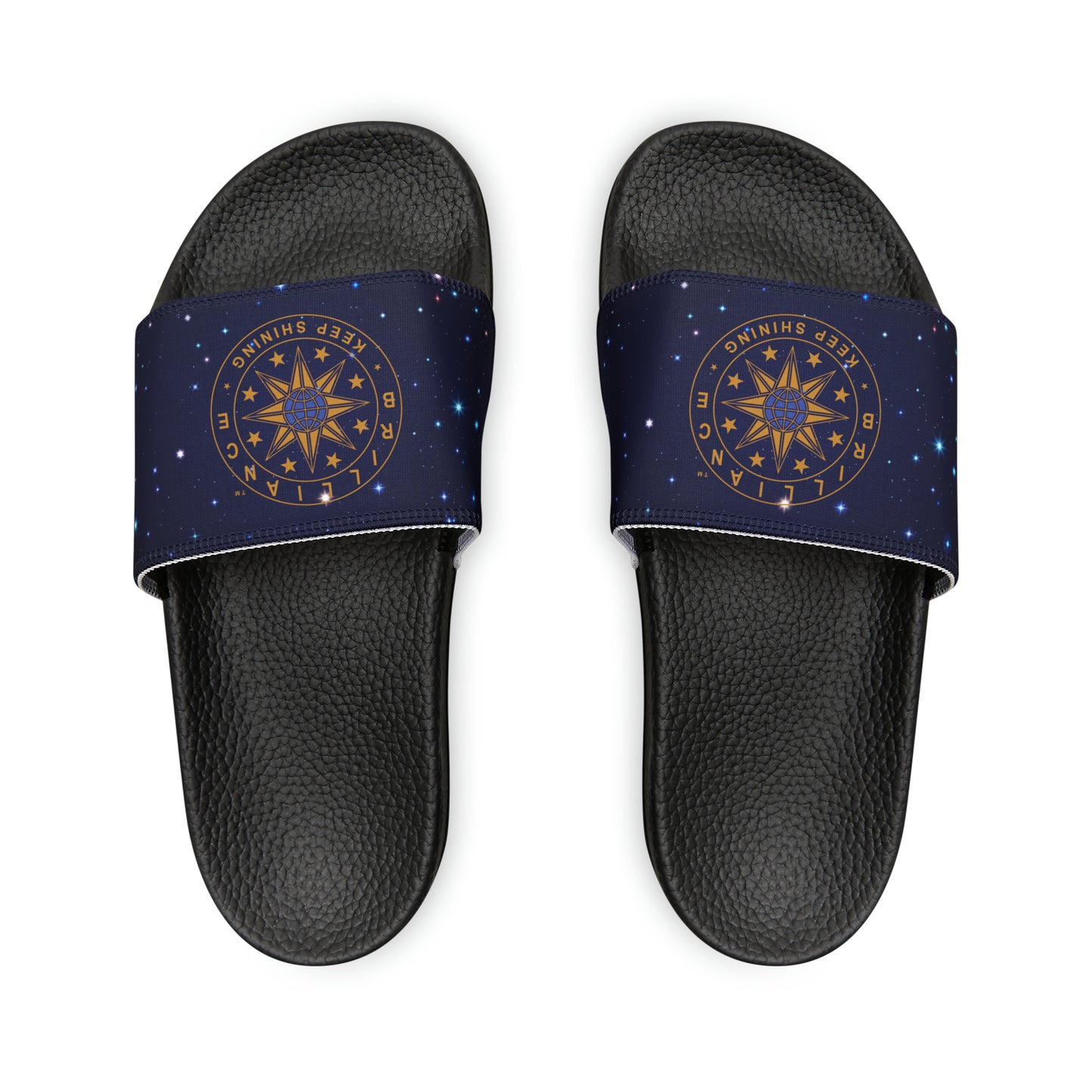 Brilliance Youth Slippers with Starry Night Print and Logo on Strap Black Soles Top View