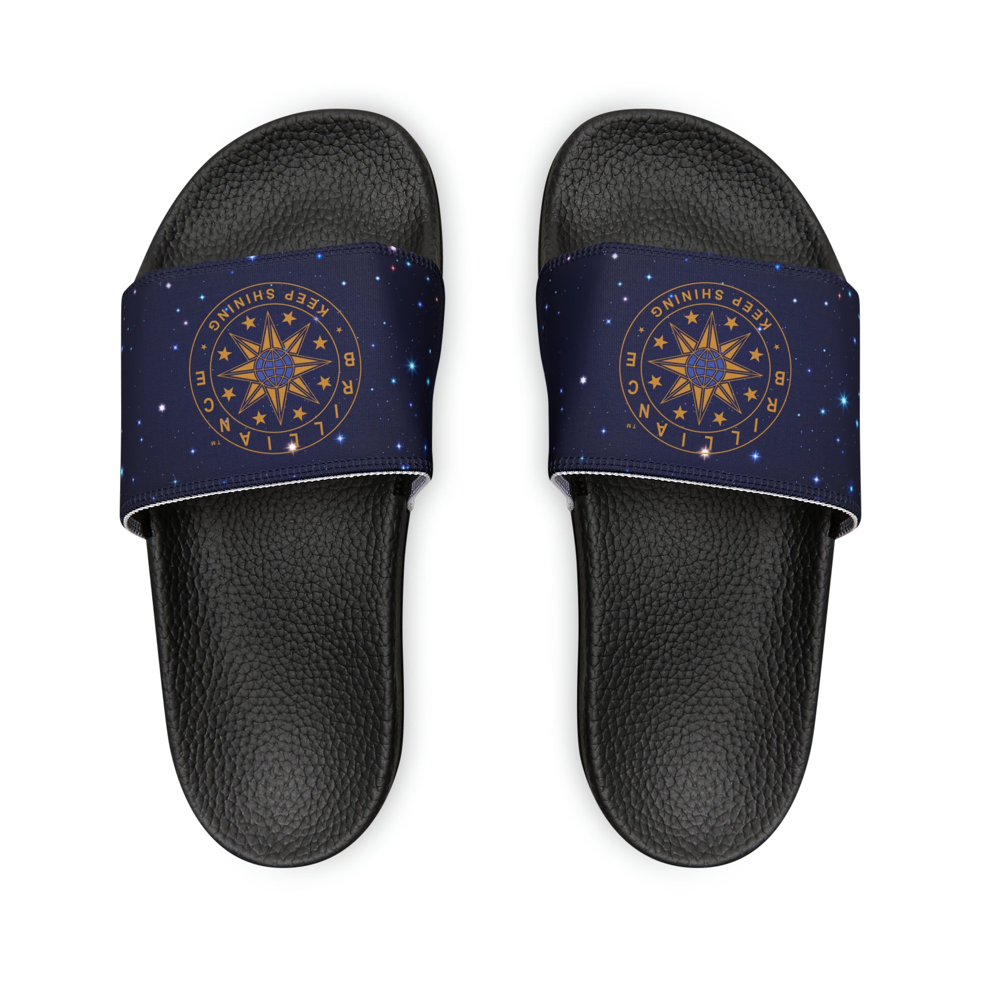 Brilliance Youth Slippers with Starry Night Print and Logo on Strap Black Soles Top View