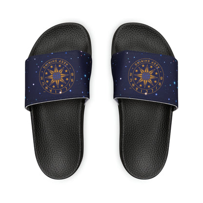 Brilliance Youth Slippers with Starry Night Print and Logo on Strap Black Soles Top View