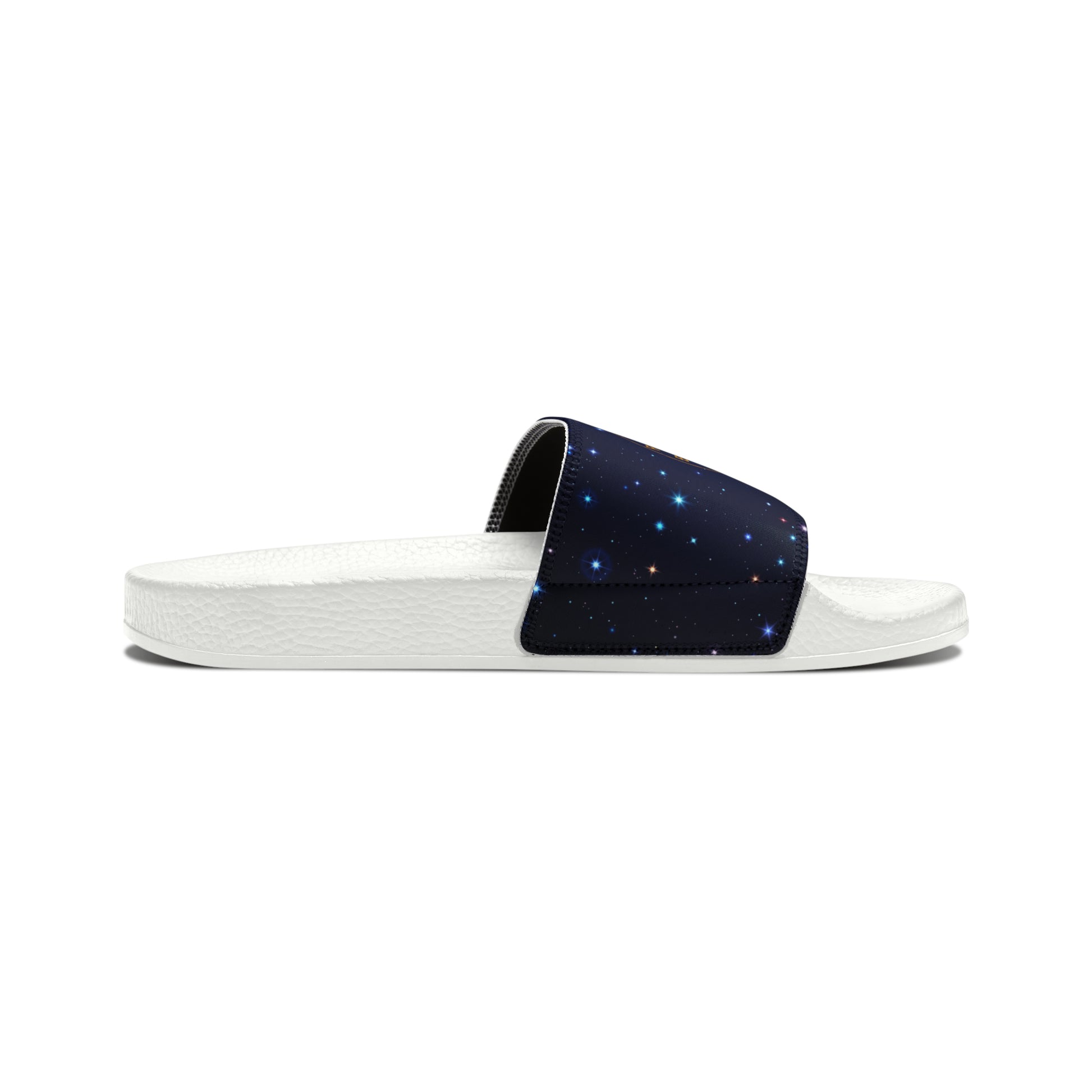 Brilliance Youth Slippers with Starry Night Print and Logo on Strap White Soles Side View