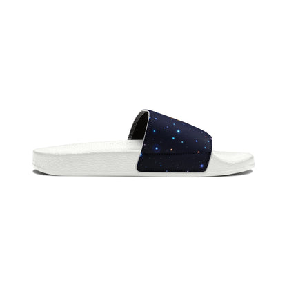Brilliance Youth Slippers with Starry Night Print and Logo on Strap White Soles Side View
