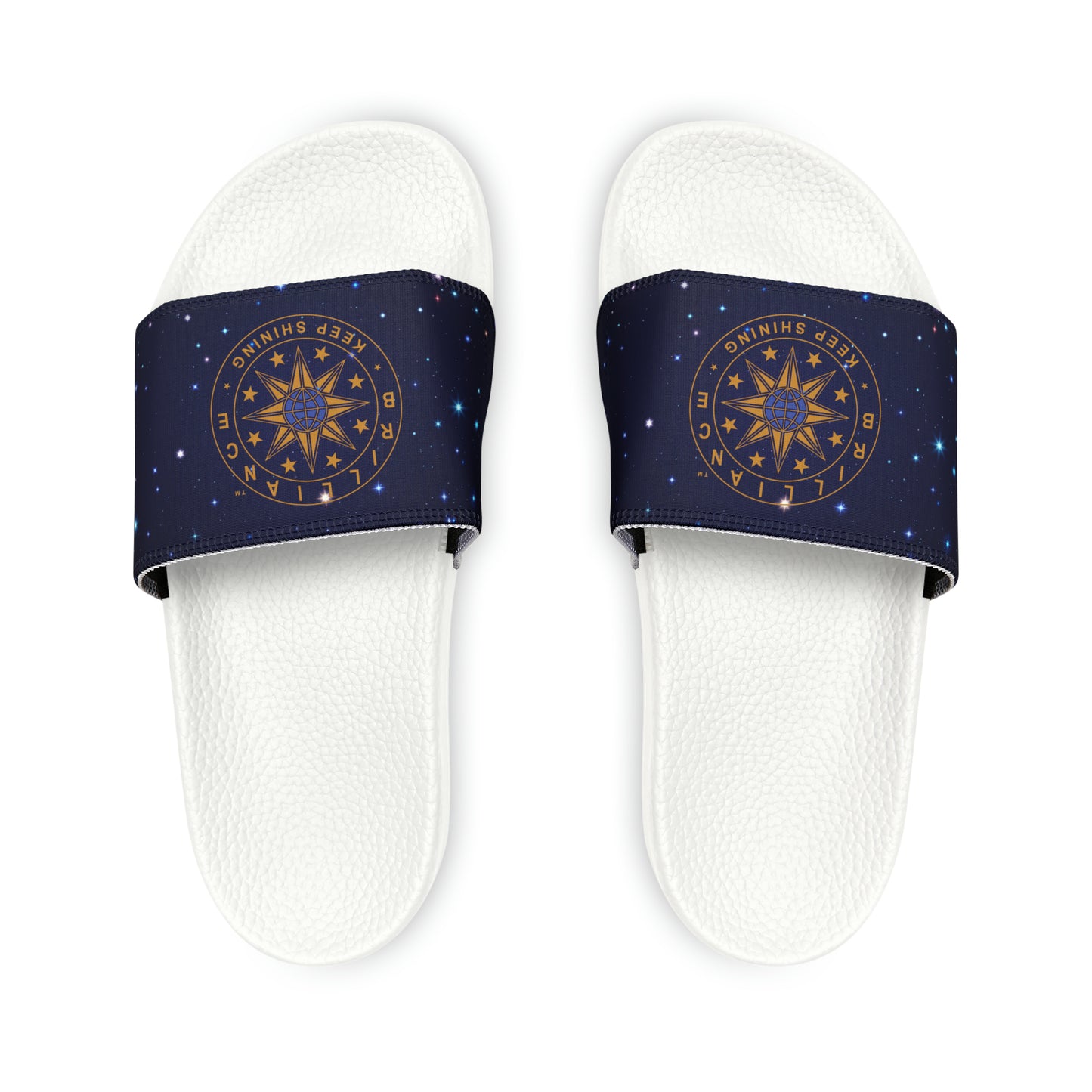 Brilliance Youth Slippers with Starry Night Print and Logo on Strap White Soles Top View