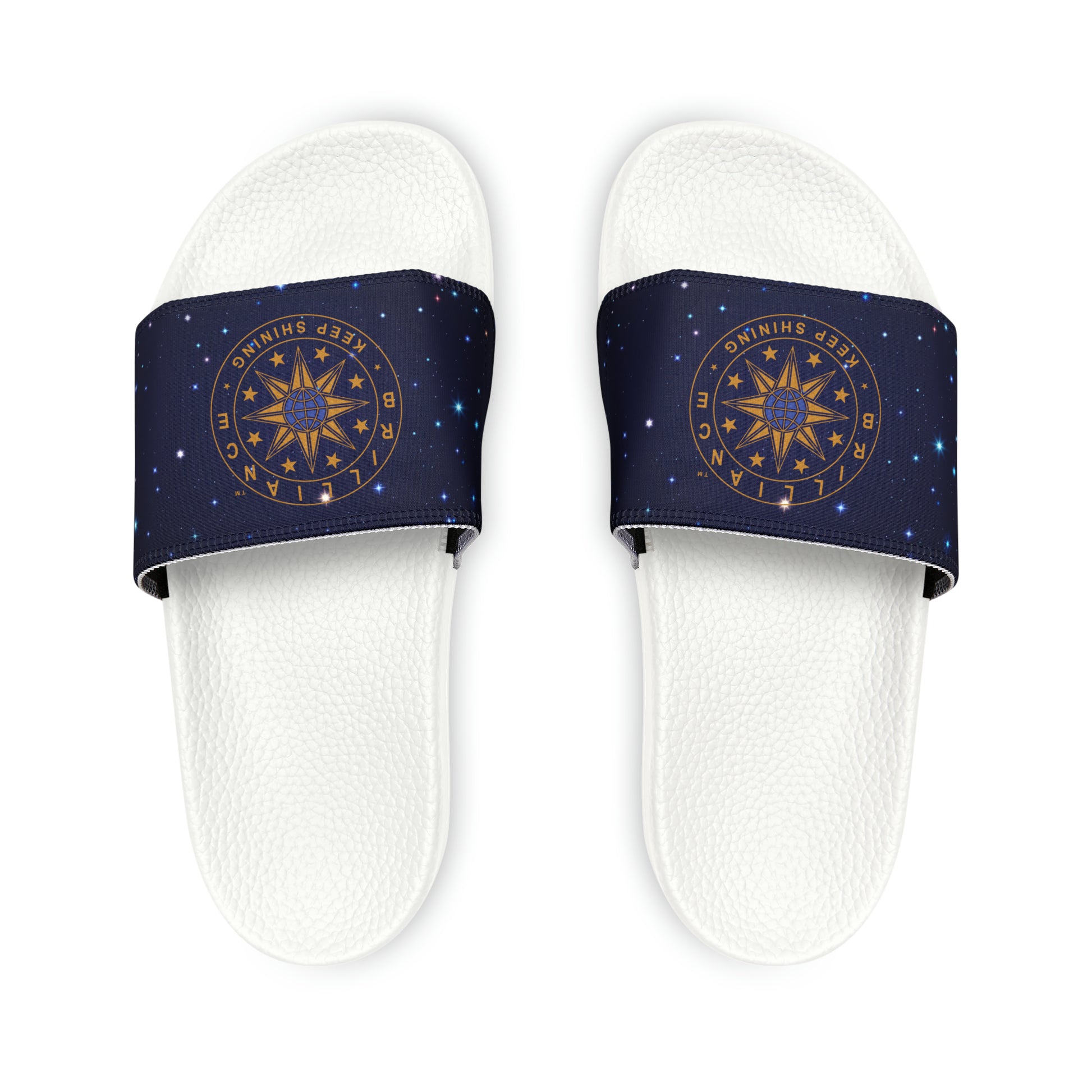 Brilliance Youth Slippers with Starry Night Print and Logo on Strap White Soles Top View