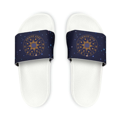 Brilliance Youth Slippers with Starry Night Print and Logo on Strap White Soles Top View